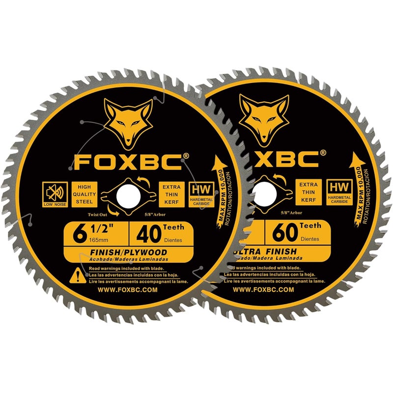 FOXBC 6-1/2 inch Circular Saw Blade 40T 60T Combo Pack, Ultra Fine Finish for Wood Cutting, Thin-Kerf with 5/8" Arbor - Image 1